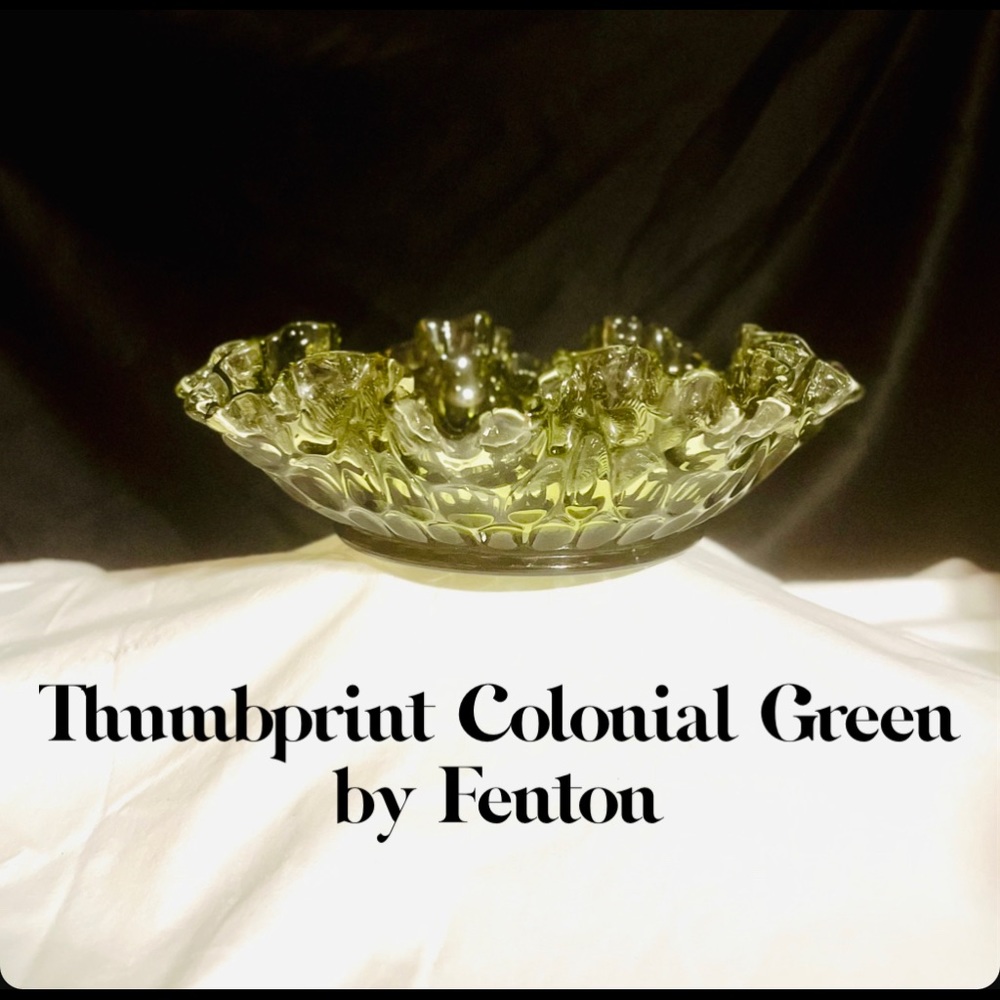 8” Bon-Bon Thumbprint Colonial Green by Fenton. 12-B